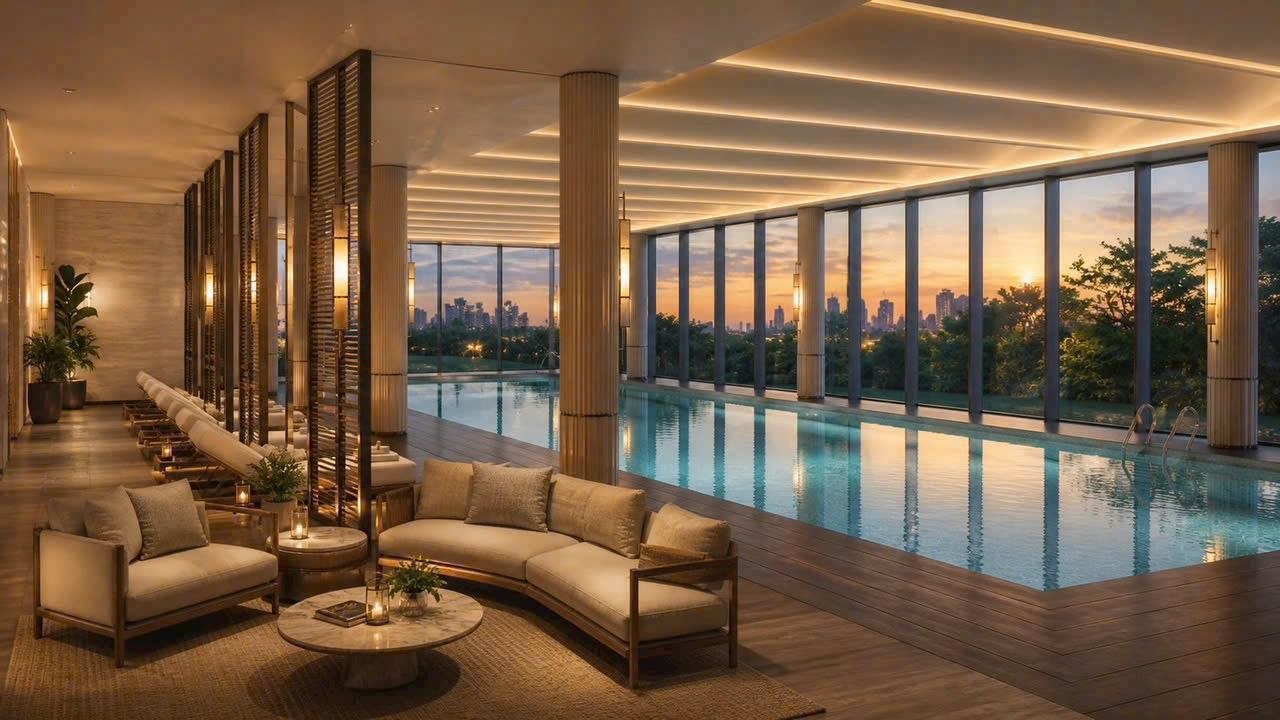 Lounge cạnh bể bơi trong nhà