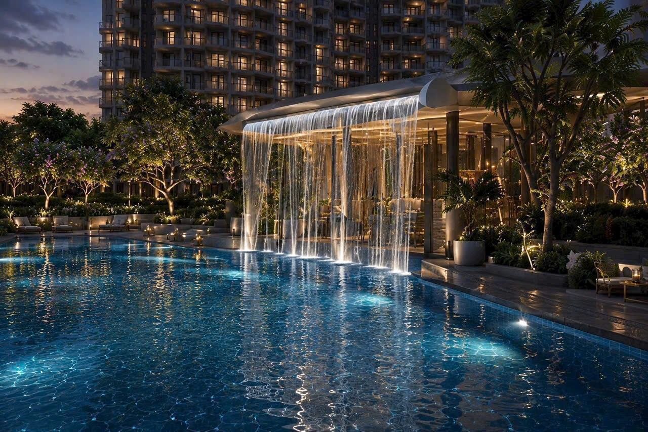 Hồ bơi với thác nước cảnh quan